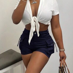 Shorts cargo de travail d'été confortables, décontractés et à détails de ruban et poches à rabat à taille haute élastique de rue vintage Y2K