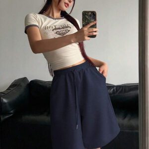 DAZY Short en maille à taille élastique et cordon de serrage pour femmes, style décontracté et polyvalent