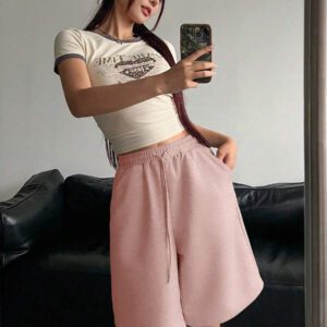 DAZY Short en maille à taille élastique et cordon de serrage pour femmes, style décontracté et polyvalent