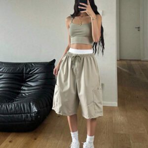 StreetHx Short cargo décontracté de printemps pour femme, couleur unie avec cordon de serrage à la taille