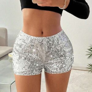 SHEIN EZwear Short ultra-glamour à taille basse en couleur unie avec sequins pour femmes
