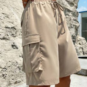 Flirla Shorts cargo capri d'été pour femmes, couleur unie avec cordon de serrage à la taille