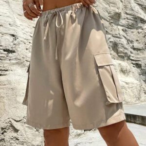 Flirla Shorts cargo capri d'été pour femmes, couleur unie avec cordon de serrage à la taille