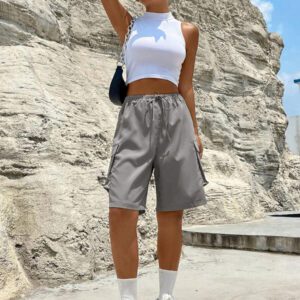 Flirla Shorts cargo capri d'été pour femmes, couleur unie avec cordon de serrage à la taille