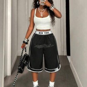 Gooodcoin PETITE Short de sport casual pour femmes avec panneaux de contraste colorés, design New York