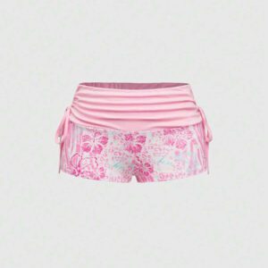 ROMWE J-Fashion Short de plage ultra court à taille basse et cordon de serrage pour femme, imprimé hibiscus et léopard, style vacances sexy des années 2000, texte anglais