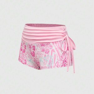 ROMWE J-Fashion Short de plage ultra court à taille basse et cordon de serrage pour femme, imprimé hibiscus et léopard, style vacances sexy des années 2000, texte anglais