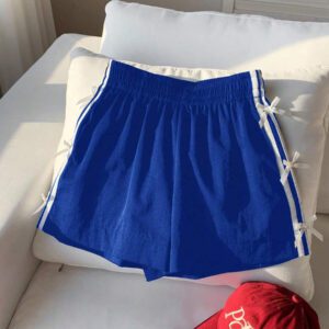 Comfortcana Short décontracté à taille élastique rouge avec nœud décoratif et rayures pour femmes