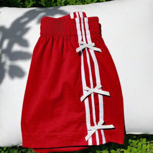 Comfortcana Short décontracté à taille élastique rouge avec nœud décoratif et rayures pour femmes