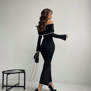 Aloruh Robe À Manches Volantées Et Queue De Poisson Pour Femmes Avec Détails De Blocs De Couleur Et Épaules Dénudées