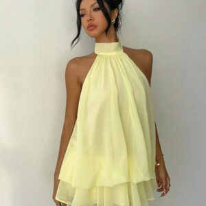 Aloruh Robe mini élégante à col ras-du-cou jaune clair pour femmes