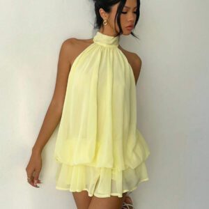 Aloruh Robe mini élégante à col ras-du-cou jaune clair pour femmes