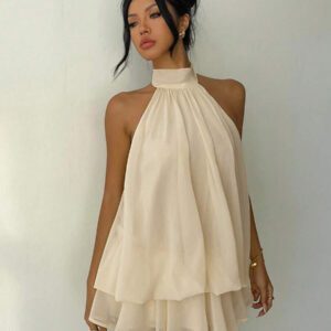 Aloruh Robe mini élégante à col ras-du-cou jaune clair pour femmes