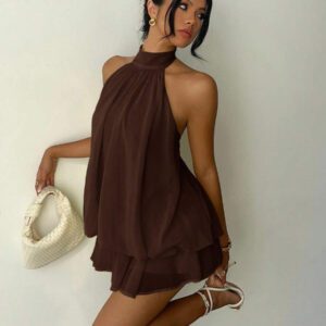 Aloruh Robe mini élégante à col ras-du-cou jaune clair pour femmes