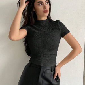 Aloruh Top à manches courtes en maille texturée, col rond, simple, ajusté, froissé, de couleur unie pour femmes
