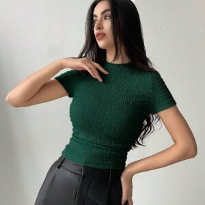 Aloruh Top à manches courtes en maille texturée, col rond, simple, ajusté, froissé, de couleur unie pour femmes