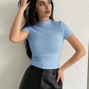 Aloruh Top à manches courtes en maille texturée, col rond, simple, ajusté, froissé, de couleur unie pour femmes