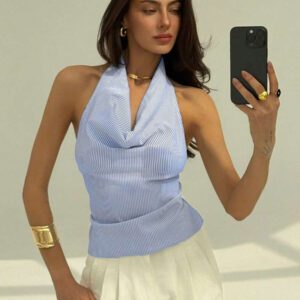 Aloruh Blouse à la mode et sexy pour femmes, style col bénitier drapé, dos nu avec attache