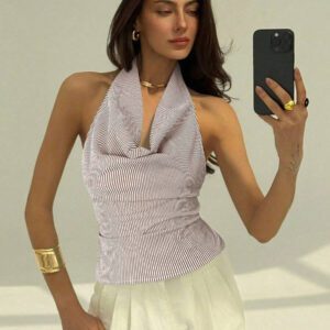 Aloruh Blouse à la mode et sexy pour femmes, style col bénitier drapé, dos nu avec attache
