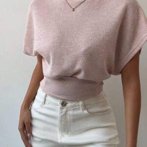 Aloruh T-shirt ajusté col rond à manches chauve-souris de couleur unie pour femmes