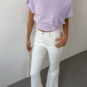 Aloruh T-shirt ajusté col rond à manches chauve-souris de couleur unie pour femmes