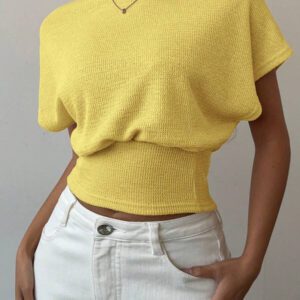 Aloruh T-shirt ajusté col rond à manches chauve-souris de couleur unie pour femmes