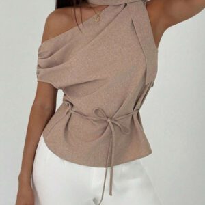 Aloruh 1 pièce Chemisier en mousseline de soie asymétrique élégante de couleur unie pour femmes, été