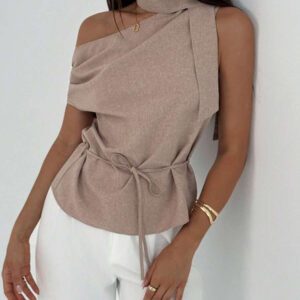 Aloruh 1 pièce Chemisier en mousseline de soie asymétrique élégante de couleur unie pour femmes, été