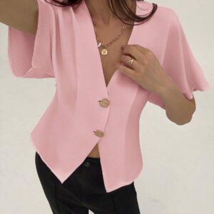 Aloruh Chemise décontractée élégante à manches chauve-souris, croisée, boutonnée, de couleur unie