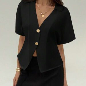 Aloruh Chemise décontractée élégante à manches chauve-souris, croisée, boutonnée, de couleur unie