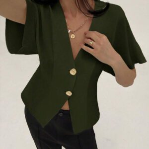 Aloruh Chemise décontractée élégante à manches chauve-souris, croisée, boutonnée, de couleur unie