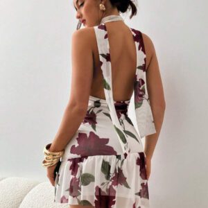 Aloruh Robe courte mini élégante à col ras-du-cou à fleurs, style tie-dye romantique pour femmes. Idéale pour les vacances
