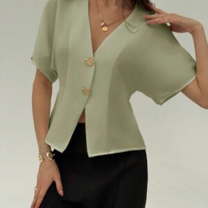 Aloruh Chemise décontractée élégante à manches chauve-souris, croisée, boutonnée, de couleur unie