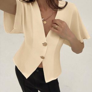 Aloruh Chemise décontractée élégante à manches chauve-souris, croisée, boutonnée, de couleur unie