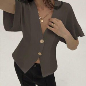 Aloruh Chemise décontractée élégante à manches chauve-souris, croisée, boutonnée, de couleur unie