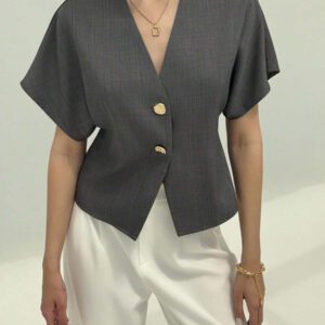 Aloruh Chemise décontractée élégante à manches chauve-souris, croisée, boutonnée, de couleur unie