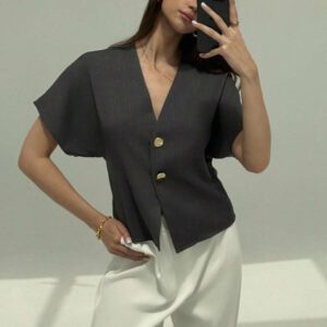 Aloruh Chemise décontractée élégante à manches chauve-souris, croisée, boutonnée, de couleur unie