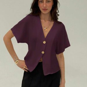 Aloruh Chemise décontractée élégante à manches chauve-souris, croisée, boutonnée, de couleur unie