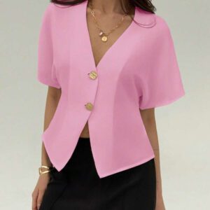 Aloruh Chemise décontractée élégante à manches chauve-souris, croisée, boutonnée, de couleur unie