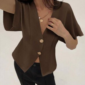 Aloruh Chemise décontractée élégante à manches chauve-souris, croisée, boutonnée, de couleur unie