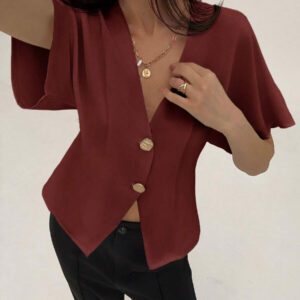 Aloruh Chemise décontractée élégante à manches chauve-souris, croisée, boutonnée, de couleur unie