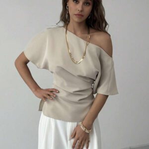 Aloruh Nouveau top ajusté avec manche chauve-souris asymétrique, volants à la taille, style minimaliste polyvalent pour navetteurs, couleur abricot