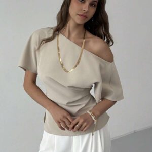 Aloruh Nouveau top ajusté avec manche chauve-souris asymétrique, volants à la taille, style minimaliste polyvalent pour navetteurs, couleur abricot