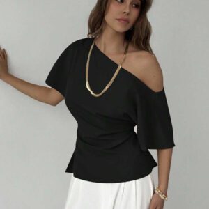 Aloruh Nouveau top ajusté avec manche chauve-souris asymétrique, volants à la taille, style minimaliste polyvalent pour navetteurs, couleur abricot