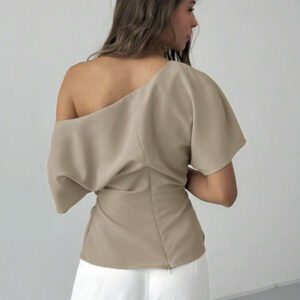 Aloruh Nouveau top ajusté avec manche chauve-souris asymétrique, volants à la taille, style minimaliste polyvalent pour navetteurs, couleur abricot