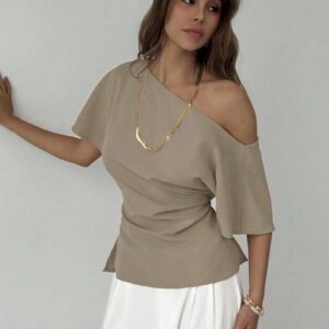 Aloruh Nouveau top ajusté avec manche chauve-souris asymétrique, volants à la taille, style minimaliste polyvalent pour navetteurs, couleur abricot