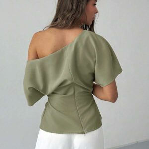 Aloruh Nouveau top ajusté avec manche chauve-souris asymétrique, volants à la taille, style minimaliste polyvalent pour navetteurs, couleur abricot