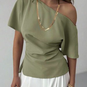 Aloruh Nouveau top ajusté avec manche chauve-souris asymétrique, volants à la taille, style minimaliste polyvalent pour navetteurs, couleur abricot