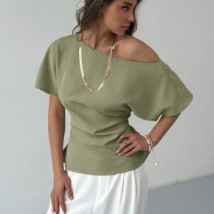 Aloruh Nouveau top ajusté avec manche chauve-souris asymétrique, volants à la taille, style minimaliste polyvalent pour navetteurs, couleur abricot