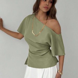 Aloruh Nouveau top ajusté avec manche chauve-souris asymétrique, volants à la taille, style minimaliste polyvalent pour navetteurs, couleur abricot